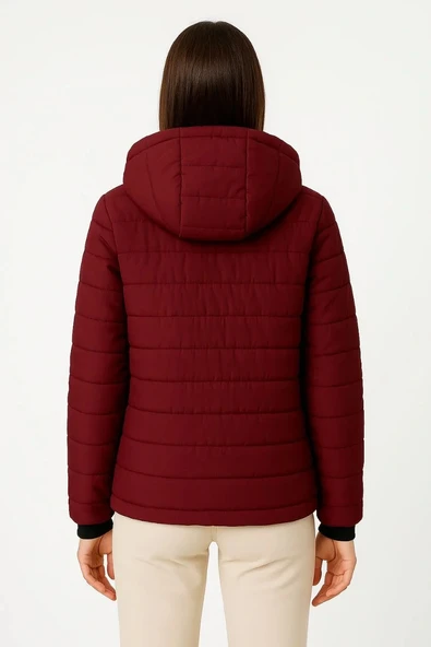 Kadın Şişme Kapüşonlu Fermuarlı Mont Su itici Kapitone Astarlı Kumaş Cepli Kışlık Rahat Kalıp - Bordo - Resim 2