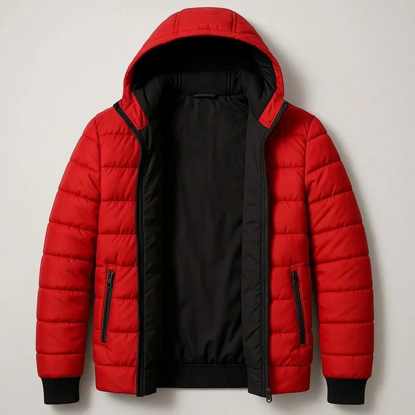 Kadın Şişme Kapüşonlu Fermuarlı Mont Su itici Kapitone Astarlı Kumaş Cepli Kışlık Rahat Kalıp - Kırmızı - Resim 3