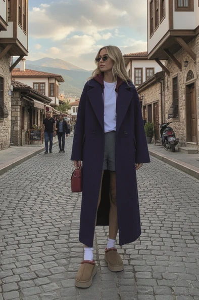 Kışlık Astarlı Sırtı Detaylı Kadın Kaşmir Kaban - Resim 2