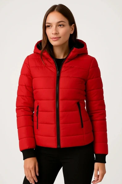 Kadın Şişme Kapüşonlu Fermuarlı Mont Su itici Kapitone Astarlı Kumaş Cepli Kışlık Rahat Kalıp - Kırmızı - Resim 2