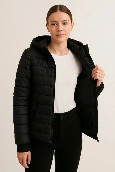 Kadın Şişme Kapüşonlu Fermuarlı Mont Su itici Kapitone Astarlı Kumaş Cepli Kışlık Rahat Kalıp - Siyah - Resim 4