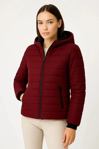 Kadın Şişme Kapüşonlu Fermuarlı Mont Su itici Kapitone Astarlı Kumaş Cepli Kışlık Rahat Kalıp - Bordo - Resim 3