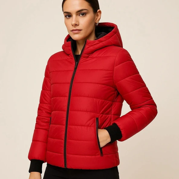 Kadın Şişme Kapüşonlu Fermuarlı Mont Su itici Kapitone Astarlı Kumaş Cepli Kışlık Rahat Kalıp - Kırmızı - Resim 5