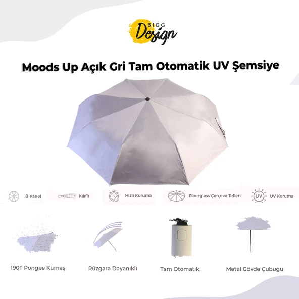 Biggdesign Moods Up Açık Gri Tam Otomatik UV Şemsiye, Rüzgara Dayanıklı, Hızlı Kuruyan, Çanta Boy - Resim 10
