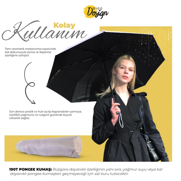 Biggdesign Moods Up Açık Gri Tam Otomatik UV Şemsiye, Rüzgara Dayanıklı, Hızlı Kuruyan, Çanta Boy - Resim 7