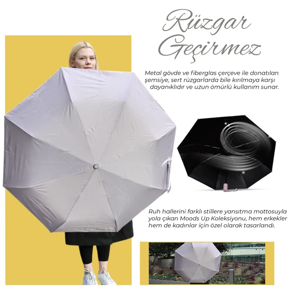 Biggdesign Moods Up Açık Gri Tam Otomatik UV Şemsiye, Rüzgara Dayanıklı, Hızlı Kuruyan, Çanta Boy - Resim 9