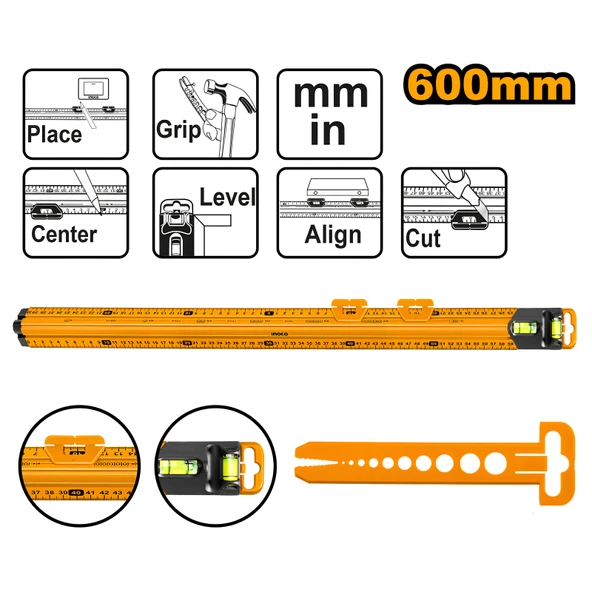 Ingco HSR36003 60cm Endüstriyel Alüminyum Su Terazili Cetvel ürün görseli 1