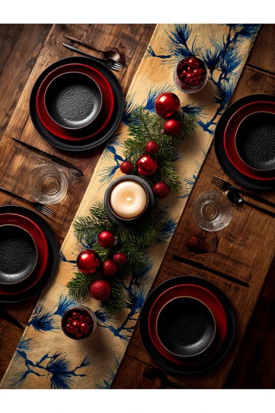 Medi Home Yılbaşı Indigo Breeze Fırça Desenli Çam Dalı Runner – Mavi & Bej ürün görseli 1