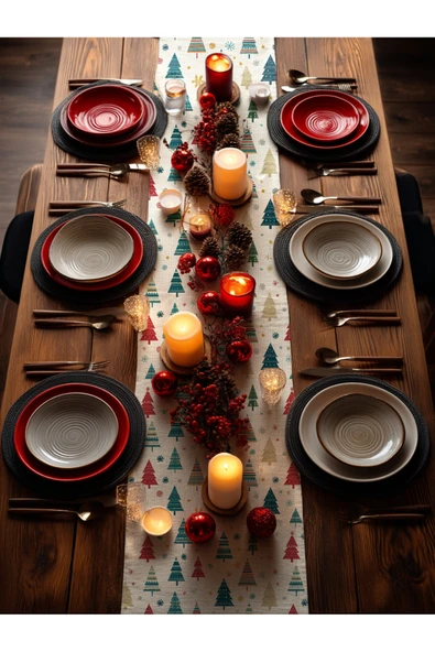 Medi Home Yılbaşı Renkli Çam Ağaçları Deseni Runner - Resim 3