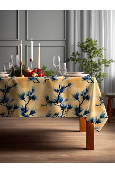 Medi Home Yılbaşı Mavi Çam Dalı Deseni Masa Örtüsü ürün görseli 1