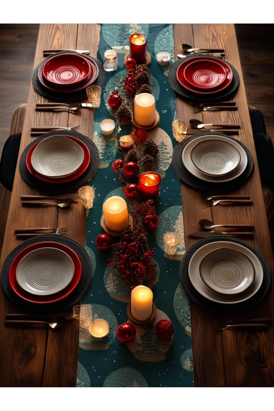 Medi Home Yılbaşı Festive Globe Kırmızı Yeşil Kar Küresi Desenli Runner – Zeytin Yeşili - Resim 6