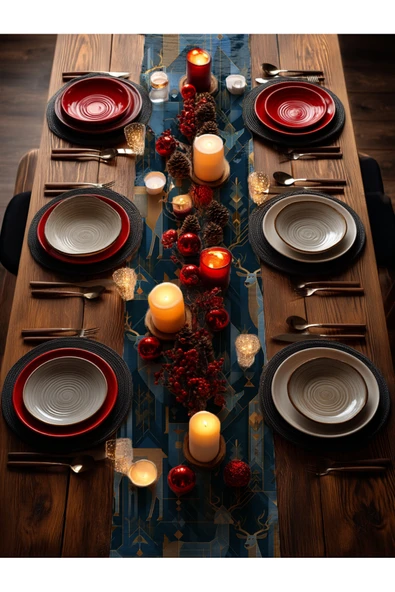 Medi Home Yılbaşı Midnight Majesty Geometrik Geyik Desenli Runner – Lacivert & Altın - Resim 3