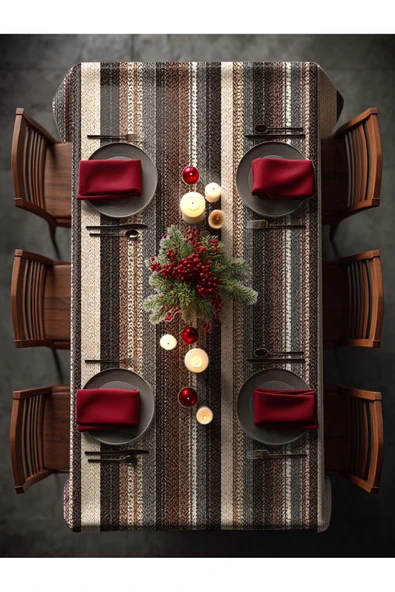 Medi Home Rustik Kahve Tonlarında Örgü Çizgili Masa Örtüsü - Resim 2