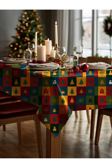 Medi Home Yılbaşı Renkli Kareli Noel Deseni Masa Örtüsü - Resim 3