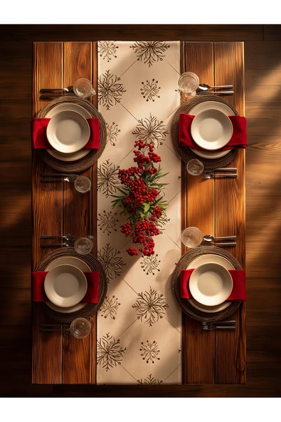 Medi Home Yılbaşı Zümrüt Fındıkkıran Deseni Runner – Koyu Yeşil & Bej - Resim 5