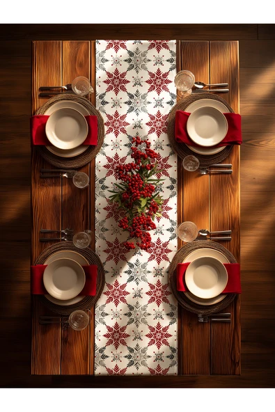Medi Home Yılbaşı Kırmızı Gri Kar Tanesi Deseni Runner ürün görseli 1