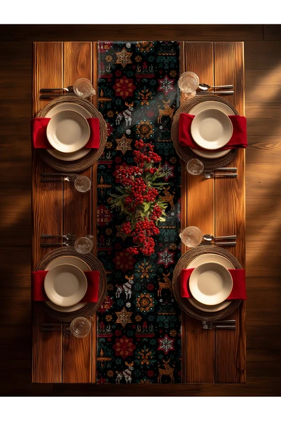 Medi Home Yılbaşı Etnik Geyikli Kış Deseni Runner - Resim 2