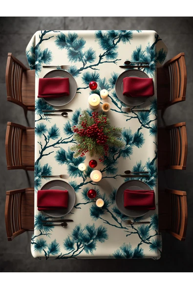 Medi Home Yılbaşı Turkuaz Çam Deseni Masa Örtüsü - Resim 2