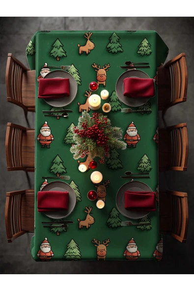 Medi Home Yılbaşı Çizgi Noel Baba & Geyik Deseni Masa Örtüsü - Resim 3
