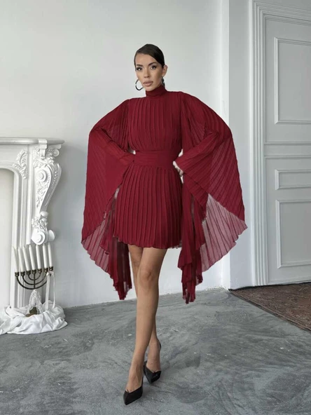 Pileli Pelerin Kollu Midi Elbise - Resim 2