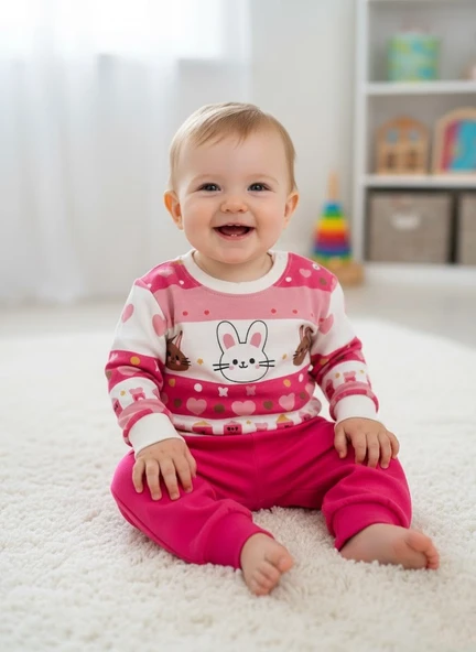 Çocuk Unisex Tavşan Baskılı Pamuk Uzun Kollu Mevsimlik Alt Üst Takım ürün görseli 1