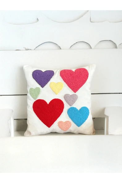 Medi Home Kalp Motifli El Yapımı Panç Kırlent Kılıfı ürün görseli 1