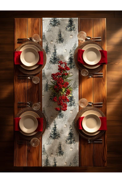 Medi Home Yılbaşı Karlı Orman Deseni Runner ürün görseli 1