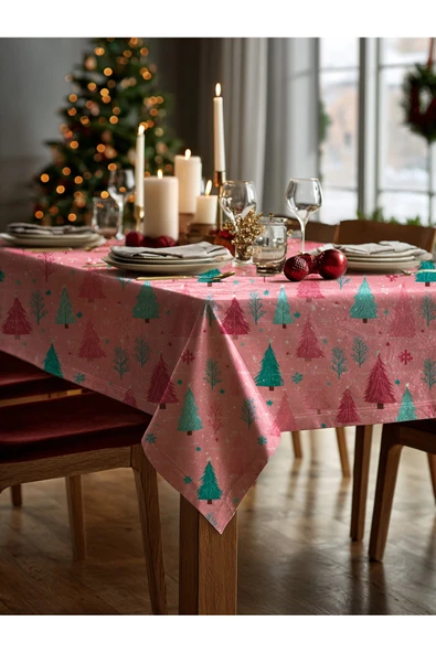 Medi Home Yılbaşı Pembe Çam Ormanı Deseni Masa Örtüsü - Resim 2