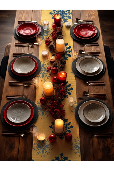 Medi Home Yılbaşı Golden Flake Kar Tanesi Desenli Runner – Hardal Sarı - Resim 3