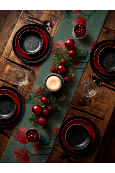 Medi Home Yılbaşı Indigo Breeze Fırça Desenli Çam Dalı Runner – Mavi & Bej - Resim 4