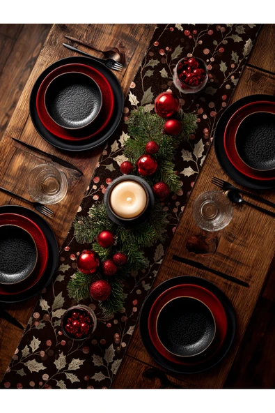 Medi Home Yılbaşı Kırmızı Berry ve Yeşil Yaprak Desenli Runner – Açık Mint Yeşili - Resim 10