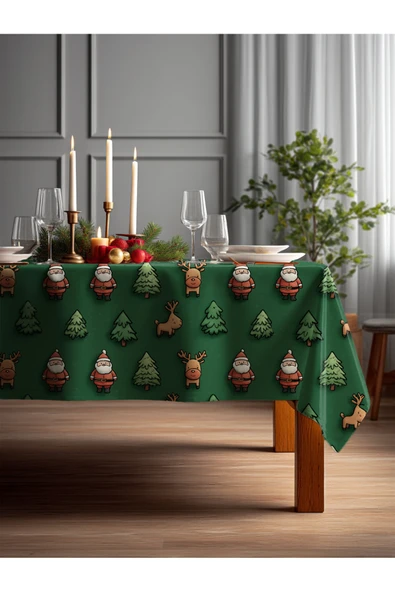 Medi Home Yılbaşı Çizgi Noel Baba & Geyik Deseni Masa Örtüsü ürün görseli 1