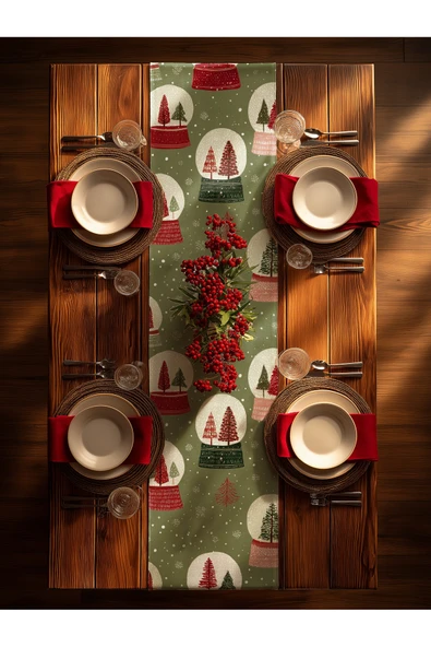 Medi Home Yılbaşı Festive Globe Kırmızı Yeşil Kar Küresi Desenli Runner – Zeytin Yeşili ürün görseli 1