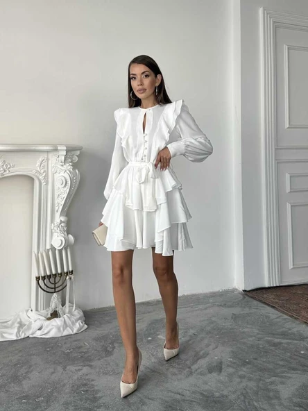 Ekru Fırfır ve Düğme Detaylı Uzun Kollu Katmanlı Mini Elbise - Resim 6