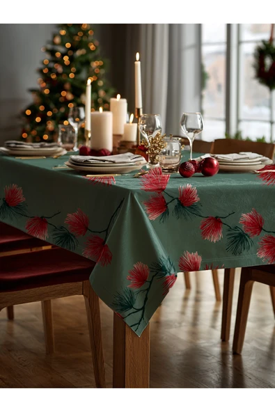 Medi Home Yılbaşı Kırmızı Çam Dalı Deseni Masa Örtüsü - Resim 3