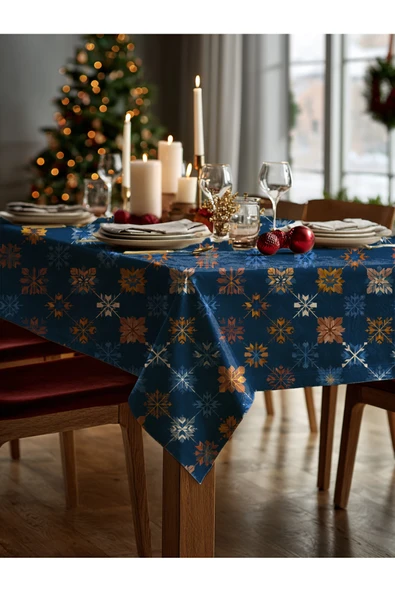 Medi Home Yılbaşı Lacivert Kar Taneleri Masa Örtüsü - Resim 3
