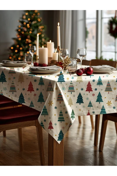 Medi Home Yılbaşı Modern Çam Ağaçları Deseni Masa Örtüsü - Resim 2