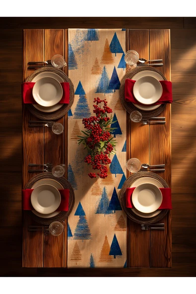 Medi Home Yılbaşı Evergreen Geometry Ağaç Desenli Runner – Açık Yeşil - Resim 4