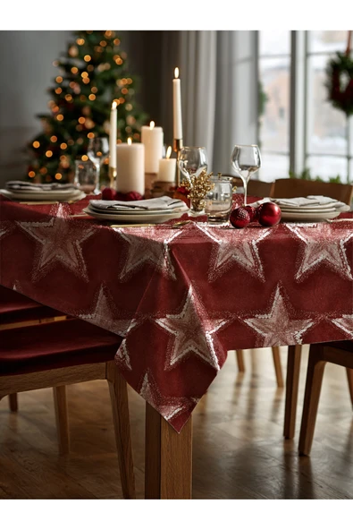 Medi Home Yılbaşı Kırmızı Yıldız Parıltısı Deseni Masa Örtüsü - Resim 2