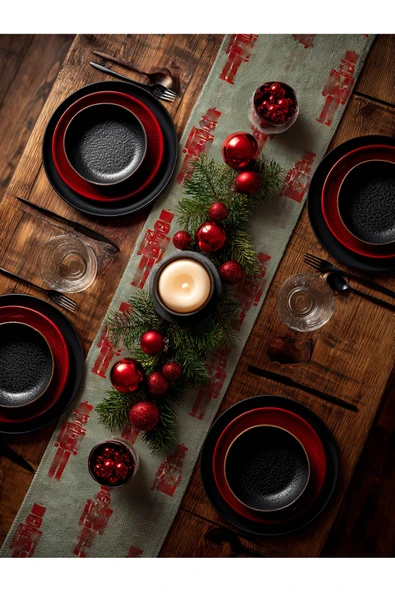 Medi Home Yılbaşı Zümrüt Fındıkkıran Deseni Runner – Koyu Yeşil & Bej - Resim 4