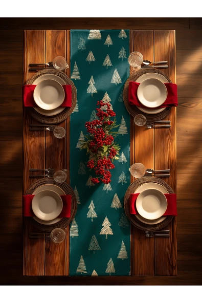 Medi Home Yılbaşı Evergreen Geometry Ağaç Desenli Runner – Açık Yeşil - Resim 7