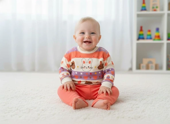 Çocuk Unisex Tavşan Baskılı Pamuk Uzun Kollu Mevsimlik Alt Üst Takım - Resim 11