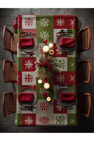 Medi Home Yılbaşı Kırmızı Yeşil Kar Taneli Örgü Deseni Masa Örtüsü - Resim 3