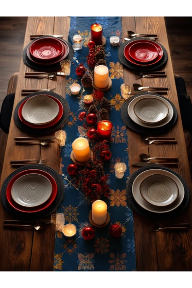 Medi Home Yılbaşı Arctic Bloom Kar Tanesi Desenli Runner – Lacivert - Resim 3