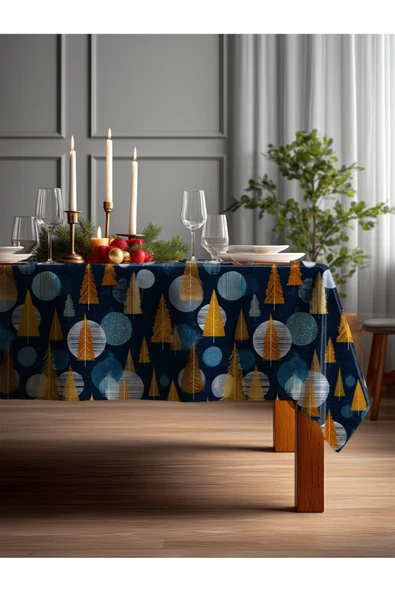 Medi Home Yılbaşı Altın Çam Ağaçları Masa Örtüsü ürün görseli 1