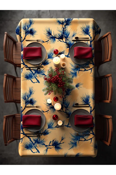 Medi Home Yılbaşı Mavi Çam Dalı Deseni Masa Örtüsü - Resim 3