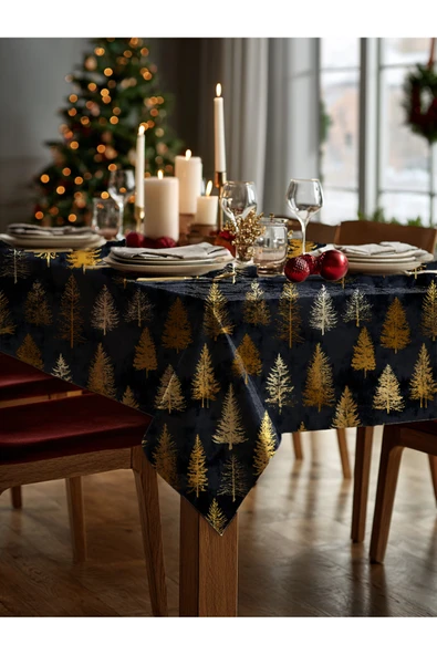 Medi Home Yılbaşı Siyah Altın Çam Ağaçları Deseni Masa Örtüsü - Resim 2