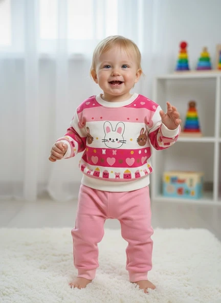 Çocuk Unisex Tavşan Baskılı Pamuk Uzun Kollu Mevsimlik Alt Üst Takım - Resim 4