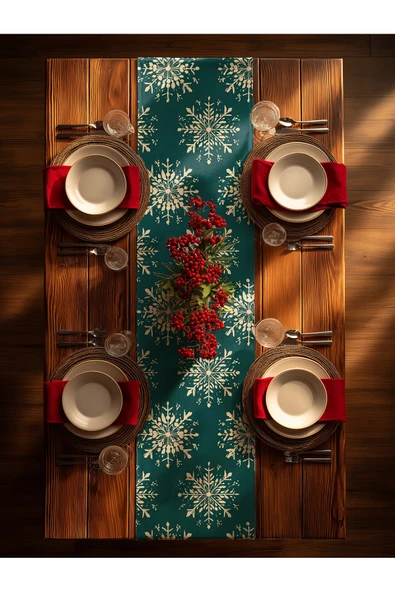 Medi Home Yılbaşı Golden Flake Kar Tanesi Desenli Runner – Hardal Sarı - Resim 4