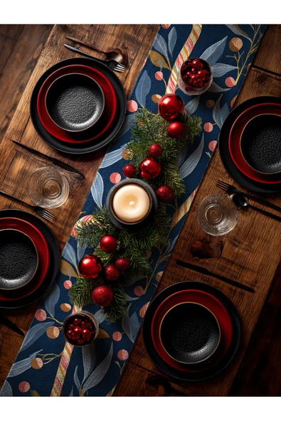 Medi Home Yılbaşı Candy Glow Şeker Kamışı Desenli Runner – Kobalt Mavi - Resim 5